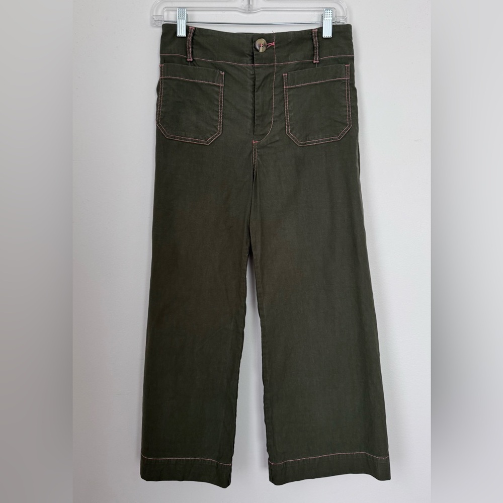 Maeve Olive Green Cropped Wide-Leg Pants with Contrast Stitching